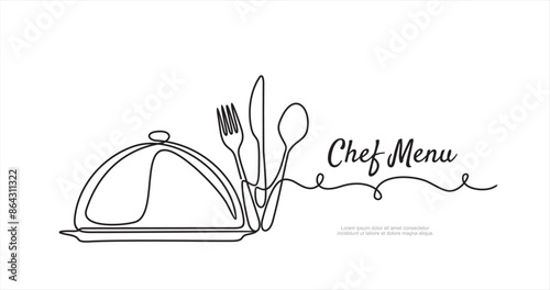 Continuous one single line drawing of fork, knife, spoon and metal cover. Chef Menu food design. Illustration with quote template. Can used for menu restaurant sketch