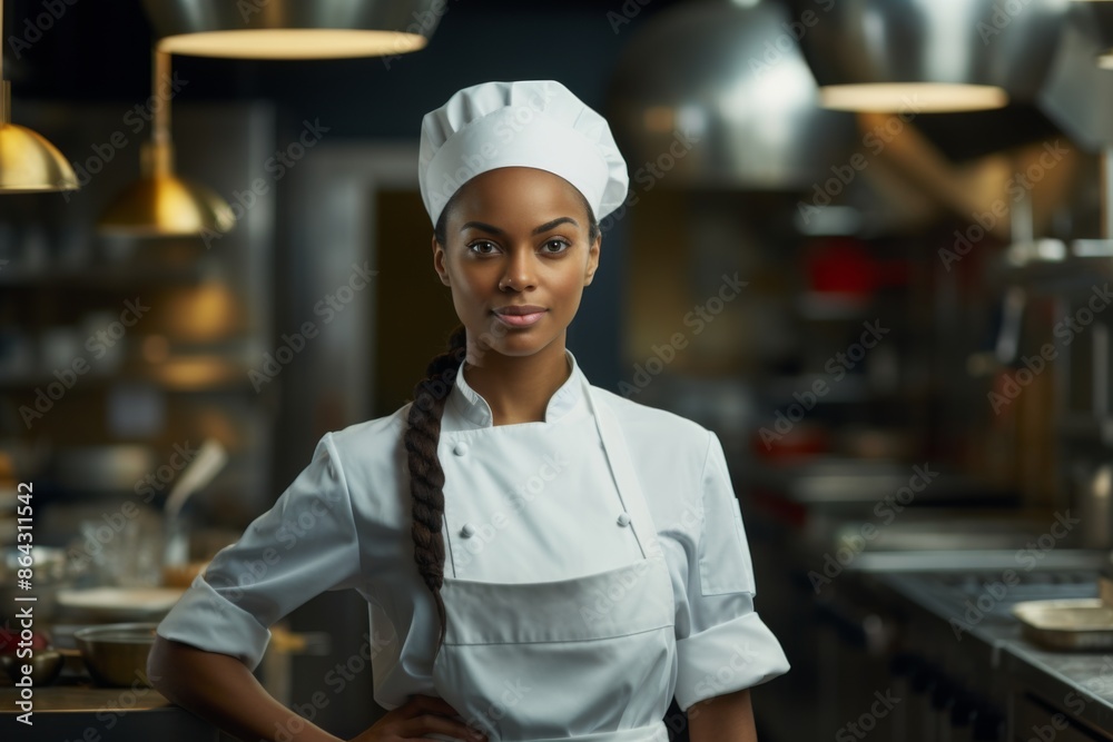 Portrait of a female black chef in commercial kitchen Portrait of a female black chef in commercial kitchen