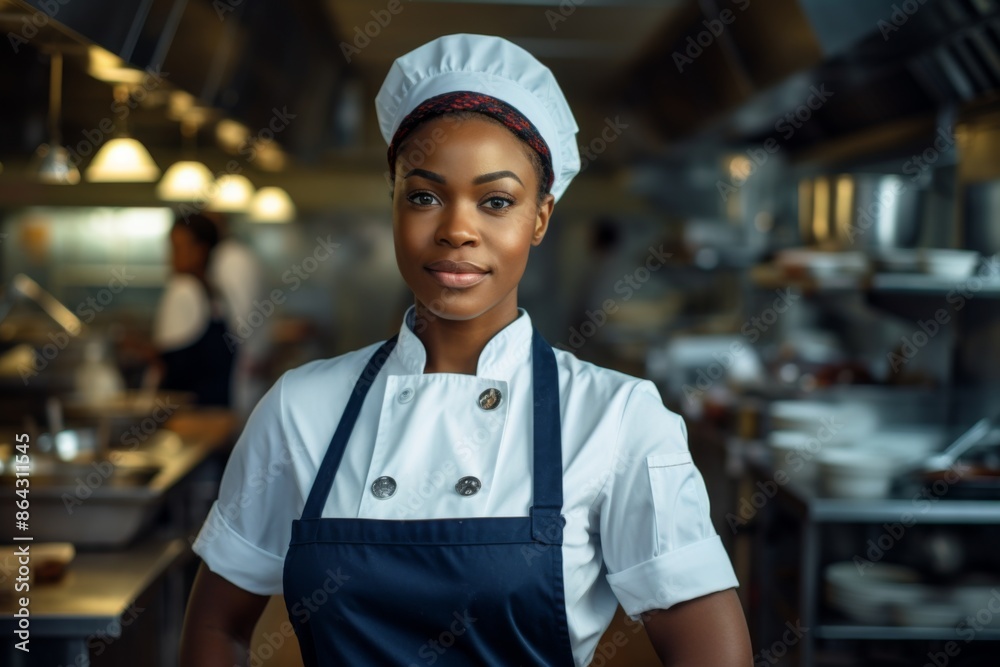 Portrait of a female black chef in commercial kitchen Portrait of a female black chef in commercial kitchen