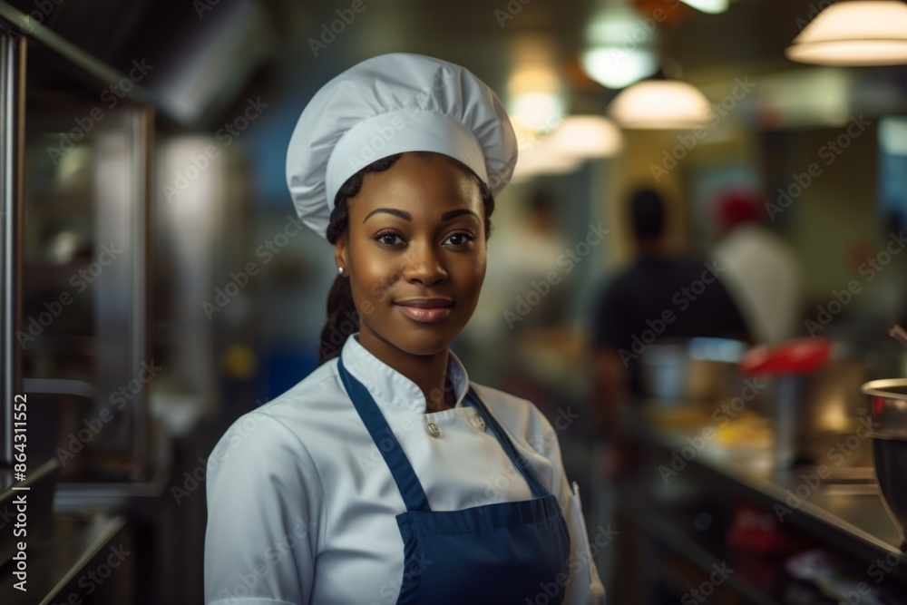 Portrait of a female black chef in commercial kitchen Portrait of a female black chef in commercial kitchen