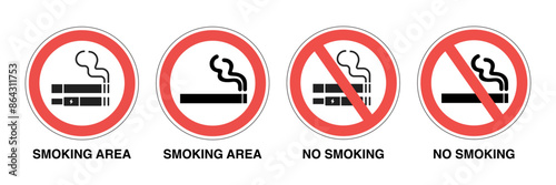 No Smoking and Vaping Allowed Signs. Cigarette and E-Cig Prohibition Symbols. Smoking Area Vector Illustration.