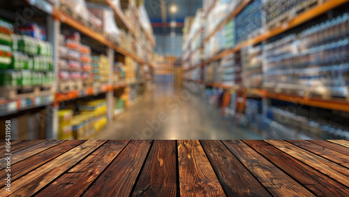 Empty wood table top with blur background of warehouse of factory. The table giving copy space for placing advertising product on the table along with beautiful industrial warehouse background. © Summit Art Creations