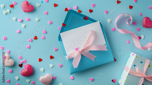 Blue envelope with hearts and gift box

