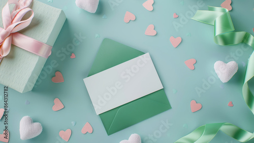 Green envelope with hearts and gift box

