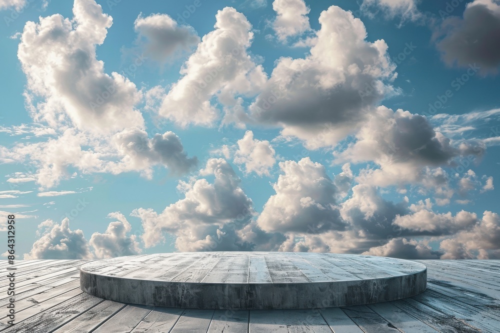 A wooden platform with a cloudy sky in the background A wooden platform with a cloudy sky in the background
