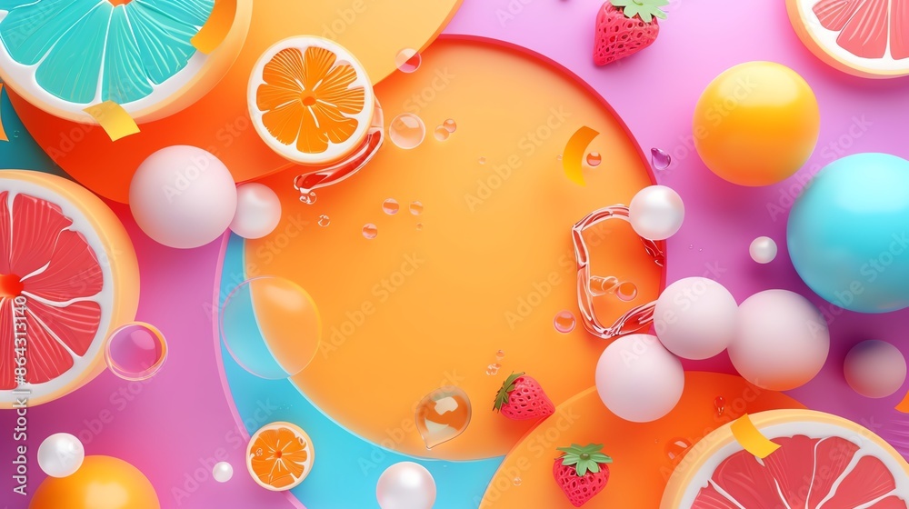 Colorful abstract background with citrus slices, strawberries, and bubbles on a vibrant backdrop, perfect for creative designs.