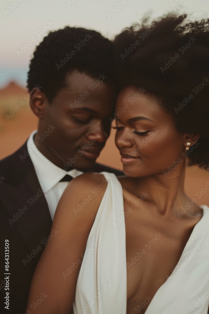 Couple Kissing, Elegant Wedding Attire in Desert Couple Kissing, Elegant Wedding Attire in Desert