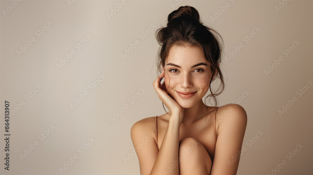 Beautiful young brunette woman with clean skin on beige background, Face care, Facial treatment, Cosmetology