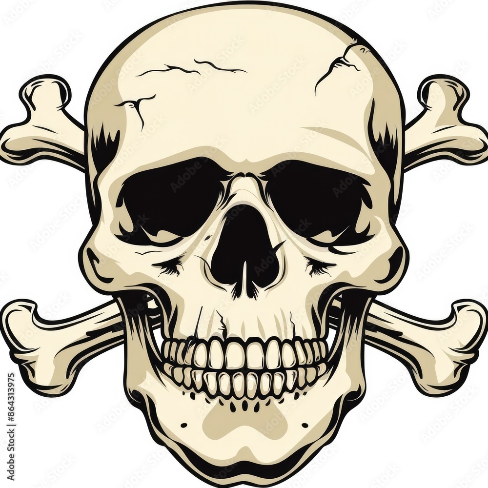 Cartoon Skull. Human Skull and Cross Bones in Black and White Cartoon Style Cartoon Skull. Human Skull and Cross Bones in Black and White Cartoon Style