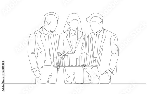 Continuous one line drawing of business people standing to analyze graph in front of them, business analytics, stock market forecasting team concept, single line art.
