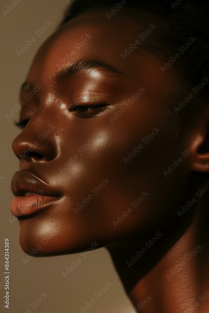 woman with dark, glowing skin, with a contemplative expression. The style is intimate and radiant woman with dark, glowing skin, with a contemplative expression. The style is intimate and radiant