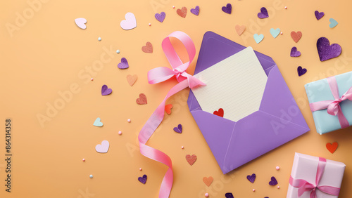 Purple envelope with hearts and gift box

