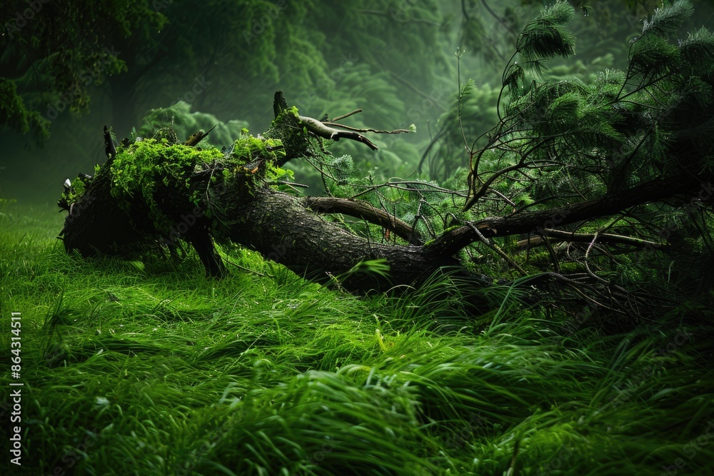 Fallen Tree After Hurricane: Nature's Impact on Green Grass and Trees Fallen Tree After Hurricane: Nature's Impact on Green Grass and Trees