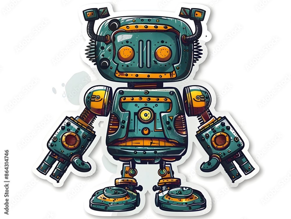 Retro Metallic Robot Sticker Design for Shirts and Apparel on White Background Retro Metallic Robot Sticker Design for Shirts and Apparel on White Background