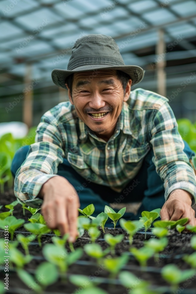 Fototapeta premium 7. Portrait of an Asian farm worker planting organic seedlings, high quality photo, photorealistic, cheerful mood, bright environment