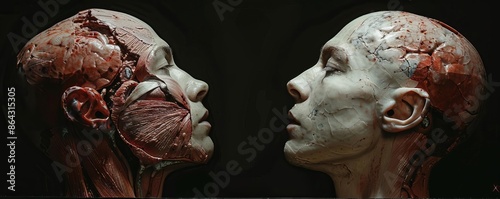 Artistic depiction of human heads with exposed muscles, showcasing the complex anatomy and intricate details in a dramatic light. photo