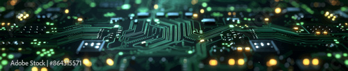 Detailed close-up of a circuit board illuminated with green and yellow lights, showcasing intricate electronic pathways and components. Generative ai vector illustration. 