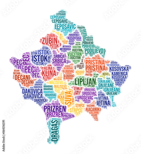 Kosovo region word cloud. Country shape design. Kosovo colored illustration. Region names collage cloud. Vector illustration.