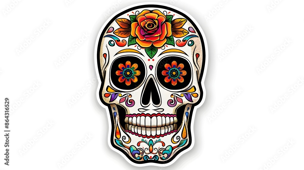 Vibrant Sugar Skull Sticker Design for Day of the Dead Festival Vibrant Sugar Skull Sticker Design for Day of the Dead Festival