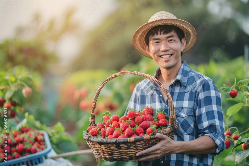 Fototapeta premium 28. Portrait of an Asian farmer holding a basket of fresh organic strawberries, high quality photo, photorealistic, cheerful mood, sunny day