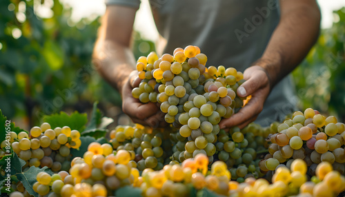 Wine grower holding fresh grapes in his hands in the vineyard