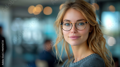 Confidence and charisma. Young business woman in suit looking at camera. office background.