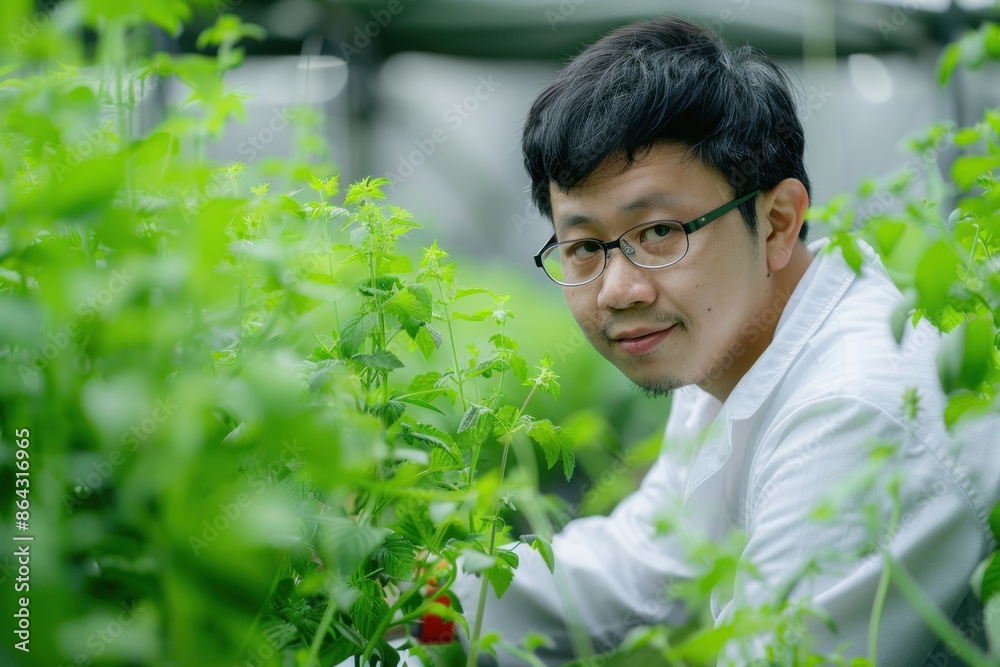 38. Portrait of an Asian agricultural technician inspecting organic herbs, high quality photo, photorealistic, focused expression, bright environment