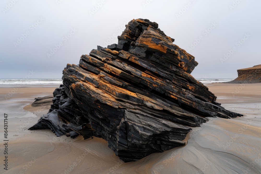 Coastal Rock Formation, Eroded Dark Stone on Beach, Natural Landmark Coastal Rock Formation, Eroded Dark Stone on Beach, Natural Landmark