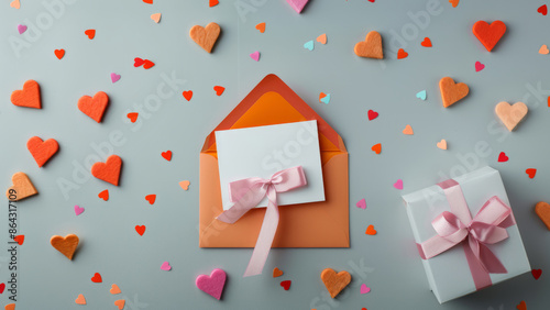 Orange envelope with hearts and gift box

