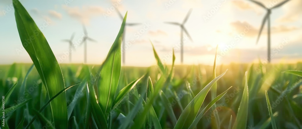 Lush fields with wind turbines, renewable energy, sustainable environment Lush fields with wind turbines, renewable energy, sustainable environment