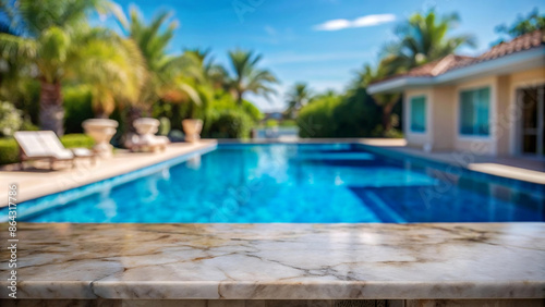 Empty marble table in front with blurred background of swimming pool