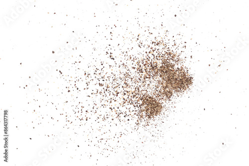 Fototapeta Naklejka Na Ścianę i Meble -  Black ground pepper scattered, spice flying isolated on white, clipping path