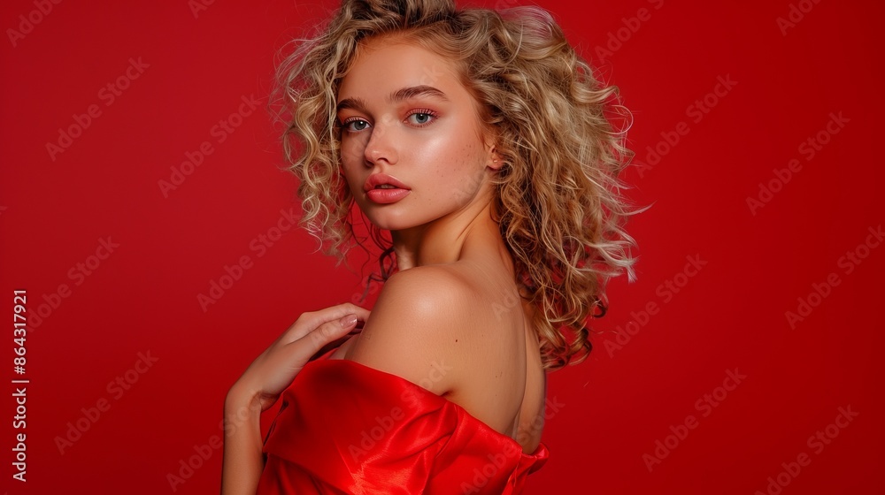 Stunning portrait of a woman with curly blonde hair wearing red. Fashion photography. Glamorous style. Perfect for beauty, fashion magazines, and editorial use. AI Stunning portrait of a woman with curly blonde hair wearing red. Fashion photography. Glamorous style. Perfect for beauty, fashion magazines, and editorial use. AI