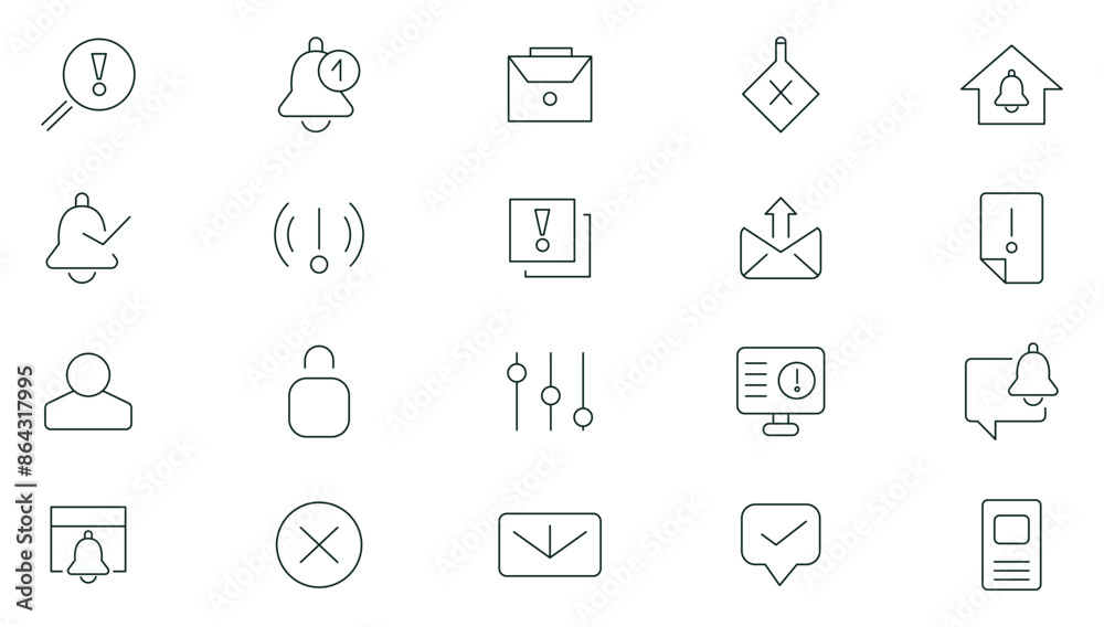 Notification line icons collection. Notification, Reminder, Bells, sound, message, lert, risk, caution, warning, exclamation, alert information and chat outline icon pack. UI thin outline icons pack. Notification line icons collection. Notification, Reminder, Bells, sound, message, lert, risk, caution, warning, exclamation, alert information and chat outline icon pack. UI thin outline icons pack.