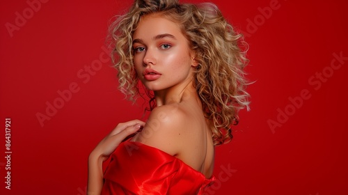 Stunning portrait of a woman with curly blonde hair wearing red. Fashion photography. Glamorous style. Perfect for beauty, fashion magazines, and editorial use. AI © Irina Ukrainets