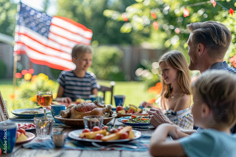 happy family having dinner at the table in the garden, against the background of the blurred usa flag and the garden, selective focus happy family having dinner at the table in the garden, against the background of the blurred usa flag and the garden, selective focus
