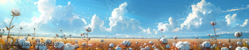 Expansive cotton field in full bloom under a bright blue sky with fluffy white clouds, showcasing a serene agricultural scene. Generative ai vector illustration. Pop art comic book style imitation