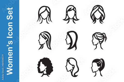 Women's head line icons set with editable vector 