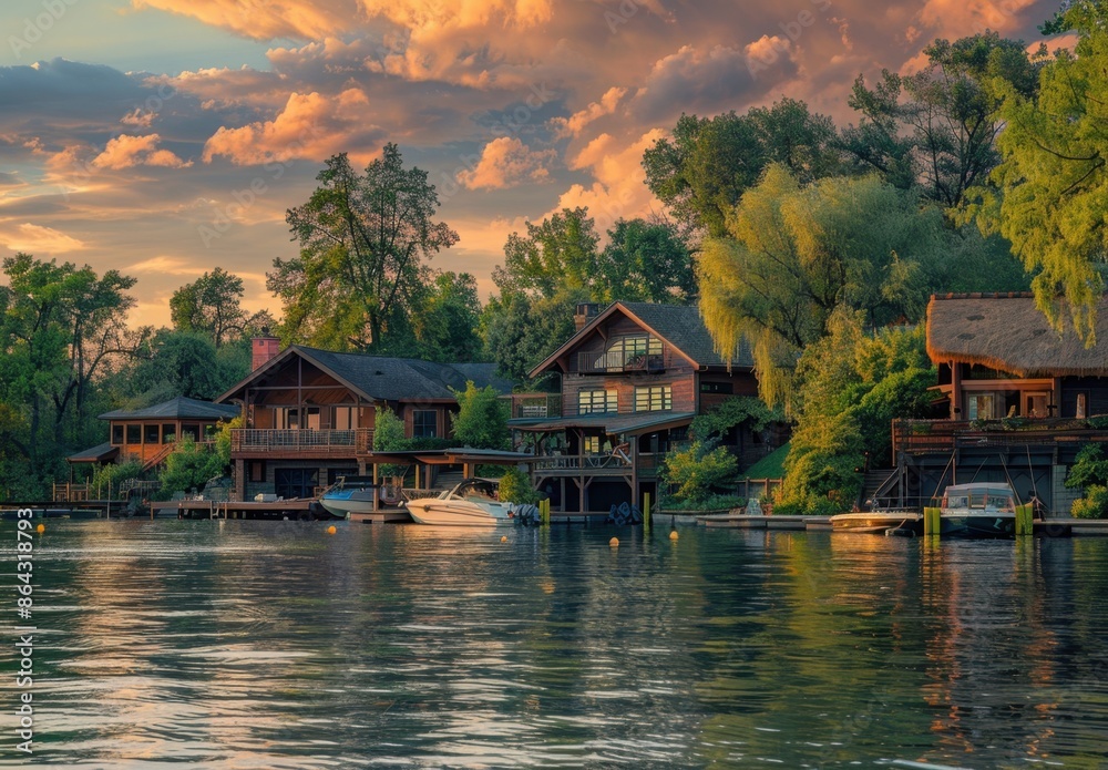beautiful lakehouse with multiple boat garages and dock space on the shore, surrounded by trees and nature, during sunset with soft pastel clouds in the sky Generative AI beautiful lakehouse with multiple boat garages and dock space on the shore, surrounded by trees and nature, during sunset with soft pastel clouds in the sky Generative AI