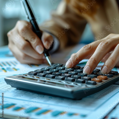 accountant working on desk using calculator, generative ai
