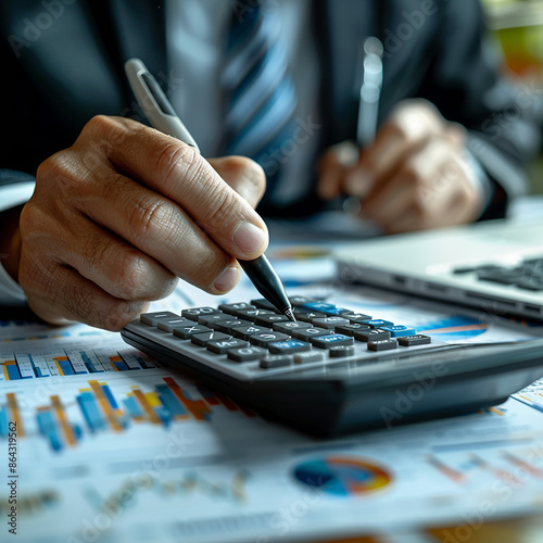 accountant working on desk using calculator, generative ai