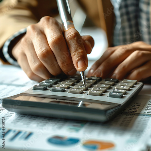accountant working on desk using calculator, generative ai