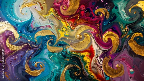 Colorful abstract acrylic painting with gold accents, vibrant swirls of color. Modern art concept © iVGraphic