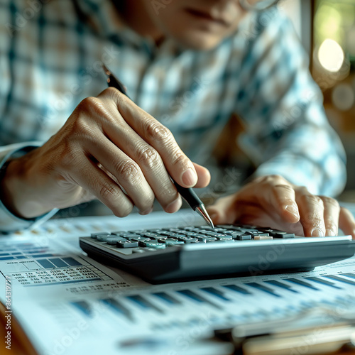 accountant working on desk using calculator, generative ai