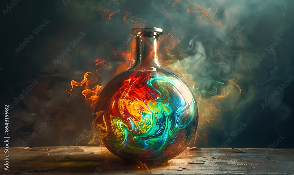 A magical flask with vibrant colors swirling inside, depicting a captivating chemical reaction A magical flask with vibrant colors swirling inside, depicting a captivating chemical reaction