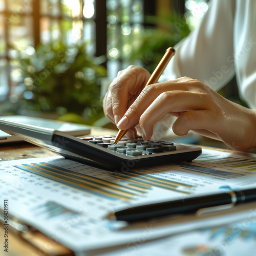 accountant working on desk using calculator, generative ai