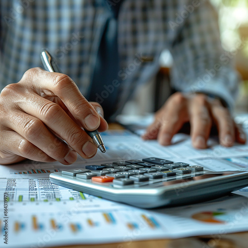 accountant working on desk using calculator, generative ai