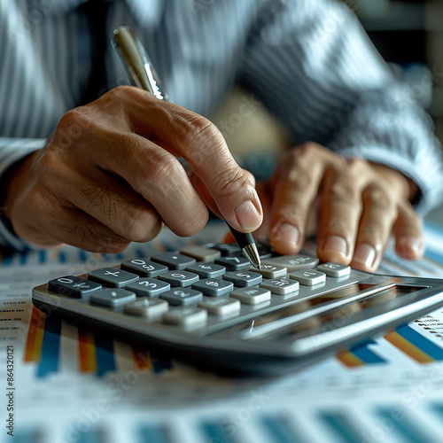 accountant working on desk using calculator, generative ai
