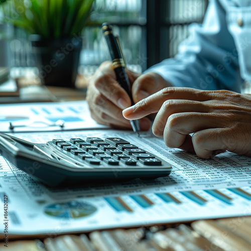 accountant working on desk using calculator, generative ai