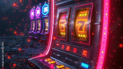 Detailed view of slot machine reels showing a winning combination with 7s and BAR symbols, illuminated in a vibrant casino. Generative ai vector illustration. Pop art comic book style imitation